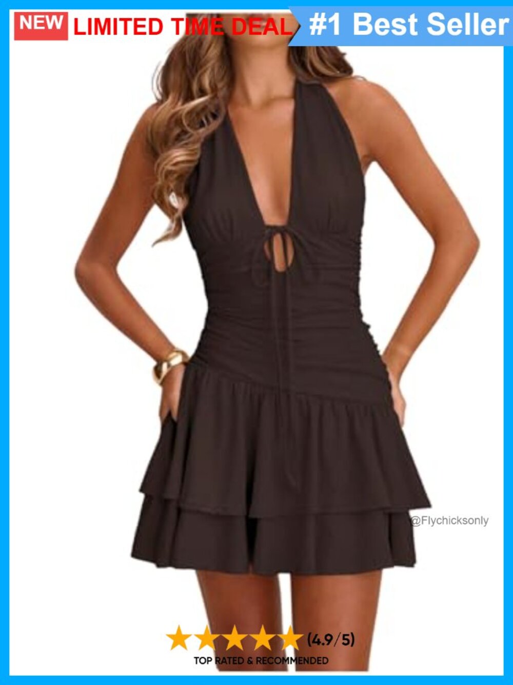 Deep V Neck Halter Mini Dress Asymmetrical Layered Ruffle Backless